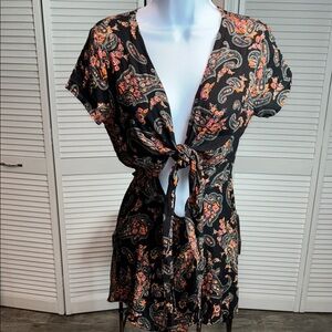 NWT Windsor Black Paisley Shorts Romper with Tie-Front